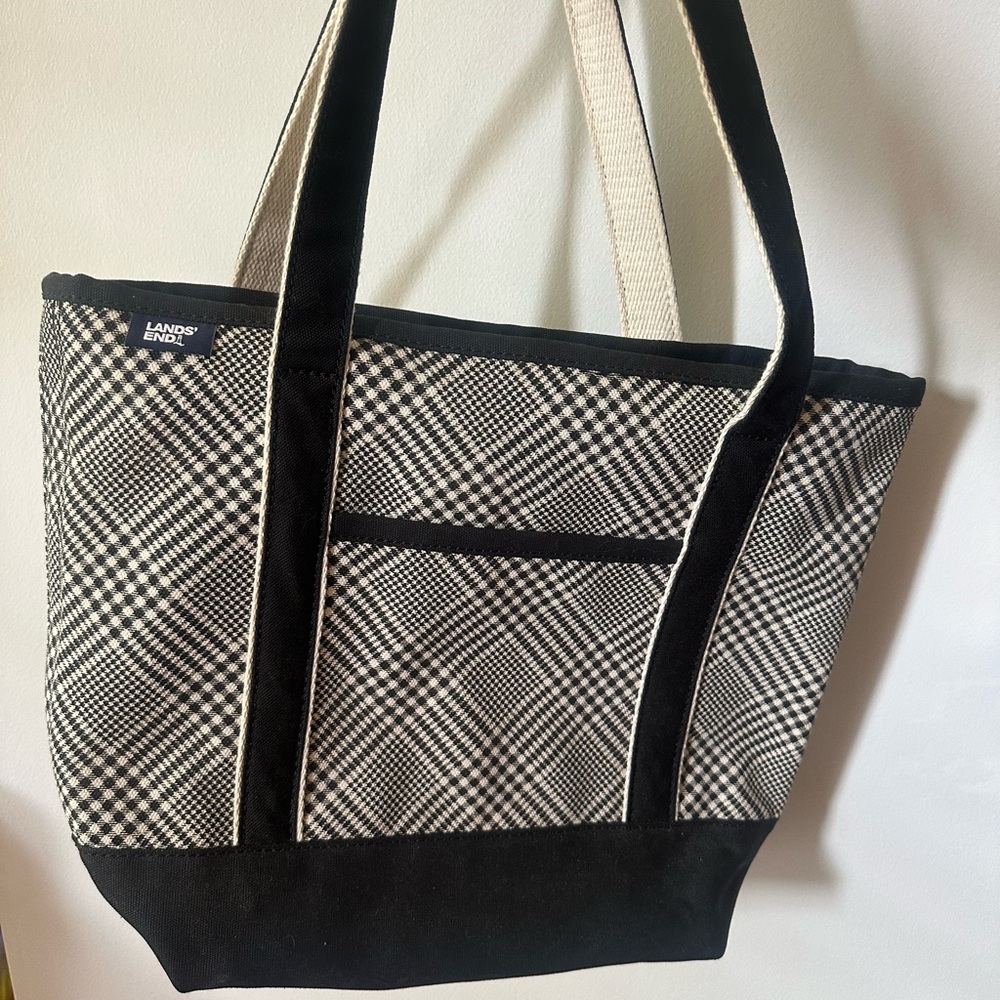 Lands' End Black and Cream Plaid Canvas Tote
